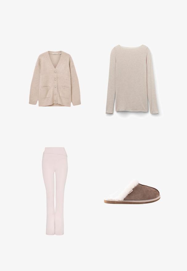 Beige vest gemaakt van zacht, pluizig materiaal. Heeft een V-hals, zes decoratieve knopen, twee frontzakken en een losse pasvorm.; Lichtroze T-shirt met lange mouwen en een ontspannen ronde hals, gemaakt van zachte stof met een subtiele heatherstructuur.; Lichtroze uitlopende broek met een brede tailleband en een gladde textuur. Heeft een schoon, gestroomlijnd ontwerp zonder extra versieringen.; Bruine suède instapsloffen met dikke witte fleece voering en zool, ontworpen voor binnencomfort en warmte.