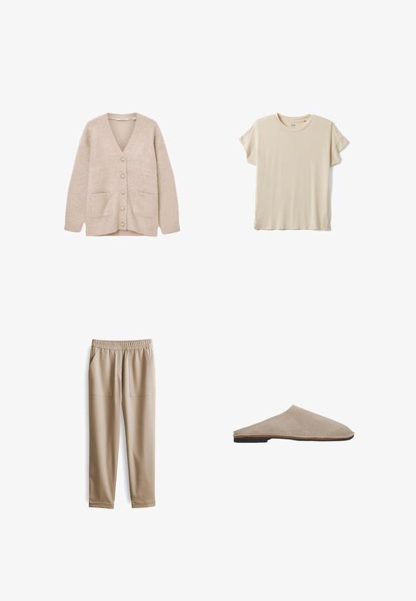 Beige vest gemaakt van zacht, pluizig materiaal. Heeft een V-hals, zes decoratieve knopen, twee frontzakken en een losse pasvorm.; Beige T-shirt met korte mouwen en ronde hals, losse pasvorm, effen ontwerp, plat weergegeven op een witte achtergrond.; Beige elastische broeken met een tailleband, twee voorzakken, taps toelopende pijpen en een gladde textuur, geschikt voor casual kleding.; Beige suède instappers met een gladde textuur, ronde neus en een dunne bruine leren middenzool. Vlakke zwarte rubberen zool.