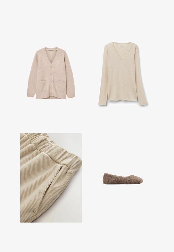 Beige vest gemaakt van zacht, pluizig materiaal. Heeft een V-hals, zes decoratieve knopen, twee frontzakken en een losse pasvorm.; Langarm V-hals top in lichtbeige stof met een zachte textuur. Relaxte pasvorm met een rechte zoom en een minimalistisch ontwerp.; Beige geribbelde joggingbroeken met een cinch tailleband en zijzakken, met een zachte textuur en een casual ontwerp.; Bruine, met fleece gevoerde ballerina met een ronde neus. Zachte textuur en naadloos ontwerp, met een low-profile silhouet. Geen zichtbare hardware.