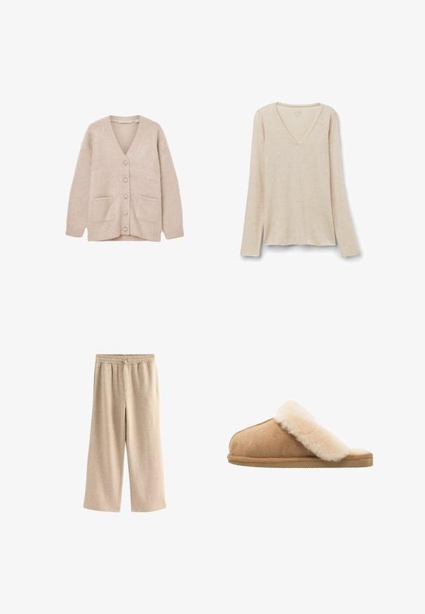 Beige vest gemaakt van zacht, pluizig materiaal. Heeft een V-hals, zes decoratieve knopen, twee frontzakken en een losse pasvorm.; Langarm V-hals top in lichtbeige stof met een zachte textuur. Relaxte pasvorm met een rechte zoom en een minimalistisch ontwerp.; Crème-kleurige wijde broek gemaakt van een zachte katoenmix. Heeft een elastische tailleband met trekkoord en een subtiele gespikkelde textuur.; Beige suède instapschoen met een zachte, fluffy crème schapenvachtvoering. Voorzien van een platte, gestructureerde rubberen zool voor grip.