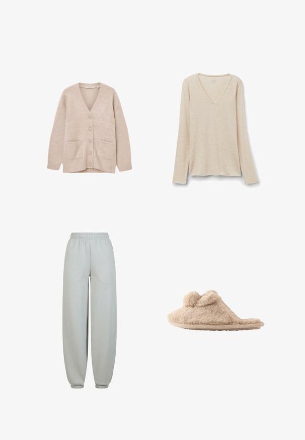 Cárdigan beige hecho de un material suave y esponjoso. Presenta un escote en V, seis botones decorativos, dos bolsillos delanteros y un ajuste relajado.; Camiseta de manga larga con escote en V en tejido beige claro con una textura suave. Corte relajado con dobladillo recto y diseño minimalista.; Pantalones de chándal grises con una cinturilla elástica, puños ajustados y una textura suave. Tienen un corte holgado sin patrones o adornos visibles.; Zapatilla beige y peluda que se pone deslizando, con dos pompones en la parte superior y suela plana, diseñada para uso en interiores.