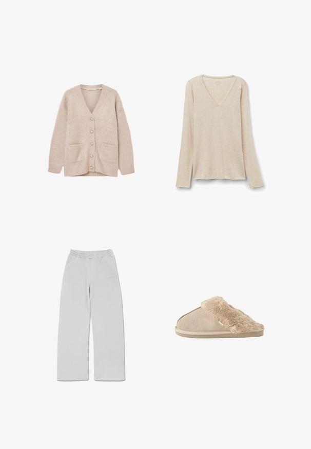 Beige vest gemaakt van zacht, pluizig materiaal. Heeft een V-hals, zes decoratieve knopen, twee frontzakken en een losse pasvorm.; Langarm V-hals top in lichtbeige stof met een zachte textuur. Relaxte pasvorm met een rechte zoom en een minimalistisch ontwerp.; Lichtgrijze joggingsbroek van zacht materiaal, met een elastische tailleband, twee zijzakken en een recht gesneden ontwerp.; Beige instappantoffel met zachte suède buitenkant en een zachte, pluizige voering en boord, ontworpen voor binnencomfort.