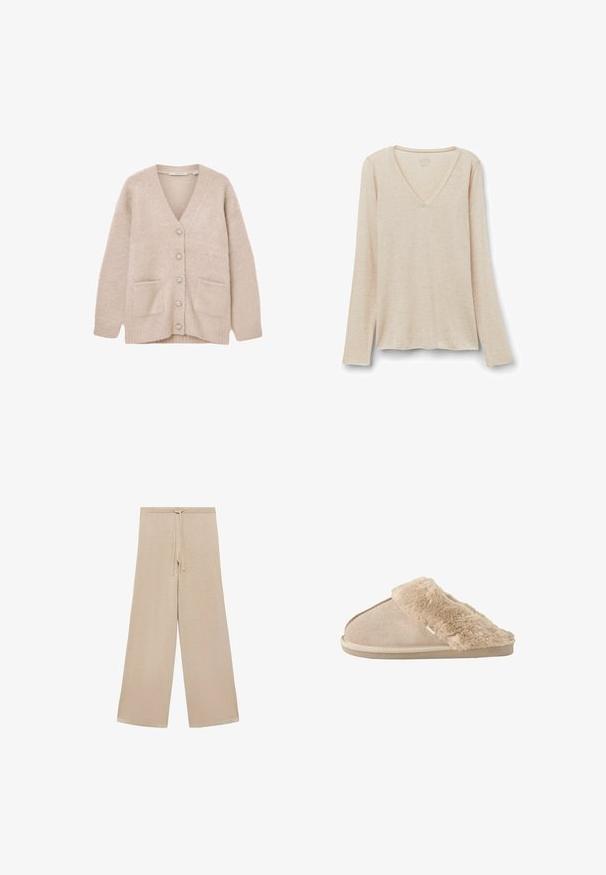 Cardigan beige en matériau doux et duveteux. Il présente un col en V, six boutons décoratifs, deux poches avant, et une coupe décontractée.; Haut à manches longues en tissu beige clair avec une texture douce. Coupe décontractée avec un ourlet droit et un design minimaliste.; Pantalons larges beiges en tissu doux, dotés d'une taille à cordon de serrage et d'une texture lisse, sans motifs ni accessoires supplémentaires.; Chausson beige à enfiler avec extérieur en daim doux et doublure intérieure moelleuse et duveteuse ainsi qu'un revers, conçu pour le confort à l'intérieur.