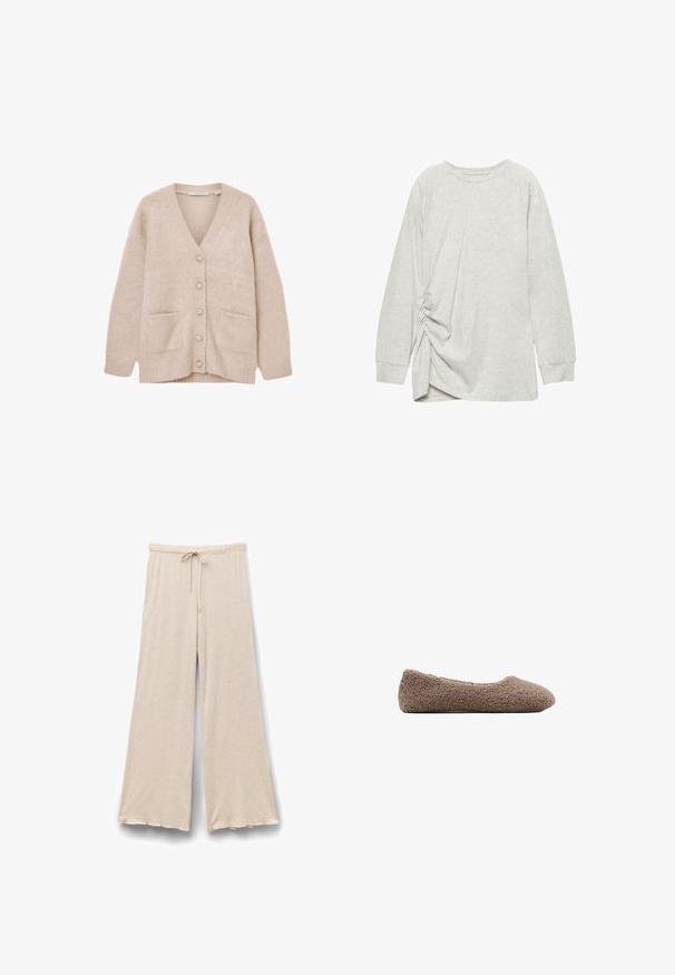 Beige cardigan lavet af blødt, fluffy materiale. Har V-udskæring, seks dekorative knapper, to forlommer og en afslappet pasform.; Lysegrå langærmet skjorte med rund hals og detaljer med rynk på venstre side, lavet af blødt, let stof.; Beige brede bukser med elastisk talje og snøring foran, lavet af blødt, letvægtsstof.; Brun, fleece-fodret ballet flats med rund tå. Blød tekstur og sømløst design, der har en lav profil. Ingen synlige detaljer.