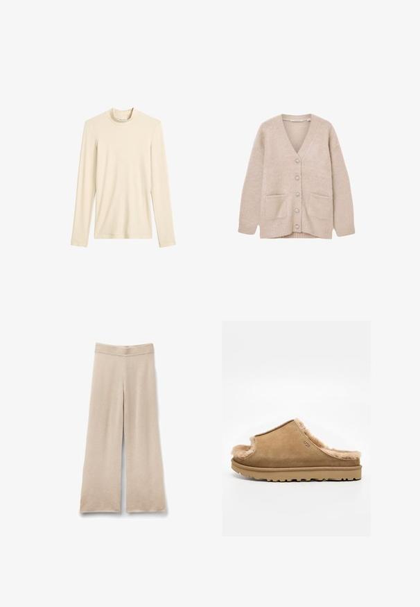 Beige cardigan lavet af blødt, fluffy materiale. Har V-udskæring, seks dekorative knapper, to forlommer og en afslappet pasform.; Cremefarvet langærmet strikket top med høj hals, enkel design og synlig varemærkeetiket indeni halsudskæringen.; Beige bukser med vide ben og elastik i taljen, lavet af et blødt, tekstureret stof, vist fladt på en hvid baggrund.; Beige ruskind slip-on sutsko med blødt fleecefor og gummisål, med et side-UGG-logo på en ens hvid baggrund.