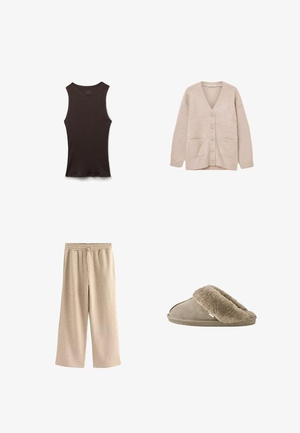 Beige cardigan lavet af blødt, fluffy materiale. Har V-udskæring, seks dekorative knapper, to forlommer og en afslappet pasform.; Ærmeløs sort ribstrikket tanktop med rund halsudskæring, vist liggende fladt på en hvid baggrund.; Beige vide benbukser lavet af blødt stof, med en elastisk talje og snor, og en diskret prikket tekstur hele vejen igennem.; Beige slip-on tøfler med blød, plyssede pelsforing omkring åbningen og en ydersål med ruskindslignende overflade.
