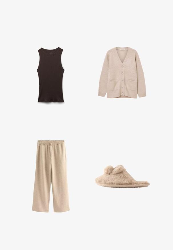 Beige vest gemaakt van zacht, pluizig materiaal. Heeft een V-hals, zes decoratieve knopen, twee frontzakken en een losse pasvorm.; Zwart geribd mouwloos hemdje met een ronde halslijn, plat liggend weergegeven op een witte achtergrond.; Beige wijde broek gemaakt van zachte stof, met een elastische tailleband met een trekkoord en een subtiele gespikkelde textuur.; Beige, pluizige instapslof met twee pompons bovenop en een platte zool, ontworpen voor binnenshuis gebruik.
