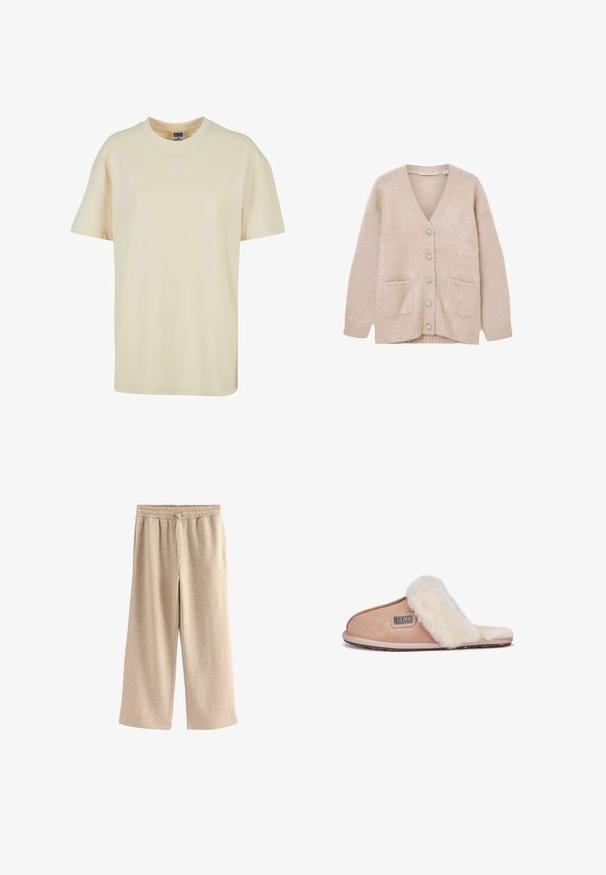 Cardigan beige en matériau doux et duveteux. Il présente un col en V, six boutons décoratifs, deux poches avant, et une coupe décontractée.; T-shirt à col rond de couleur crème en coton doux. Il présente des manches courtes et une coupe décontractée, sans motifs ni accents visibles.; Pantalons larges de couleur crème en tissu doux en mélange de coton. Ils présentent une taille élastique avec cordon de serrage et une texture subtilement mouchetée.; Chausson en daim beige avec une douce doublure en fourrure blanche, design à bout ouvert, semelle plate et une petite étiquette de marque sur le côté.
