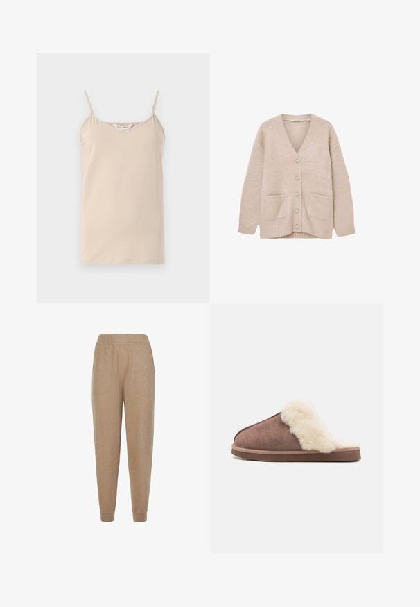 Beige cardigan lavet af blødt, fluffy materiale. Har V-udskæring, seks dekorative knapper, to forlommer og en afslappet pasform.; Beige camisole-top med tynde spaghetti-stropper og en V-halsudskæring, lavet af blødt stof med en glat tekstur og en lige kant.; Beige strikkede bukser med elastisk taljebånd, sidelommer og ribkant ved anklerne.; Brune ruskinds hjemmesko med en fluffy crème farvet faux fur foring, åben bagside og en flad gummisål, som fremhæver en blød tekstur og hyggeligt udseende.