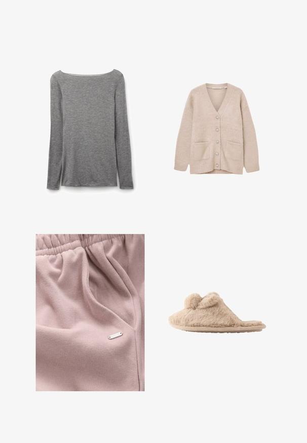 Beige vest gemaakt van zacht, pluizig materiaal. Heeft een V-hals, zes decoratieve knopen, twee frontzakken en een losse pasvorm.; Grijze nauwsluitende top met lange mouwen en een brede boothals, gemaakt van zachte, lichte gebreide stof.; Lichtroze stof met een geribbelde textuur, voorzien van een elastische tailleband en een klein metalen label met de tekst "DOWNTIME" aan de zijkant.; Beige, pluizige instapslof met twee pompons bovenop en een platte zool, ontworpen voor binnenshuis gebruik.