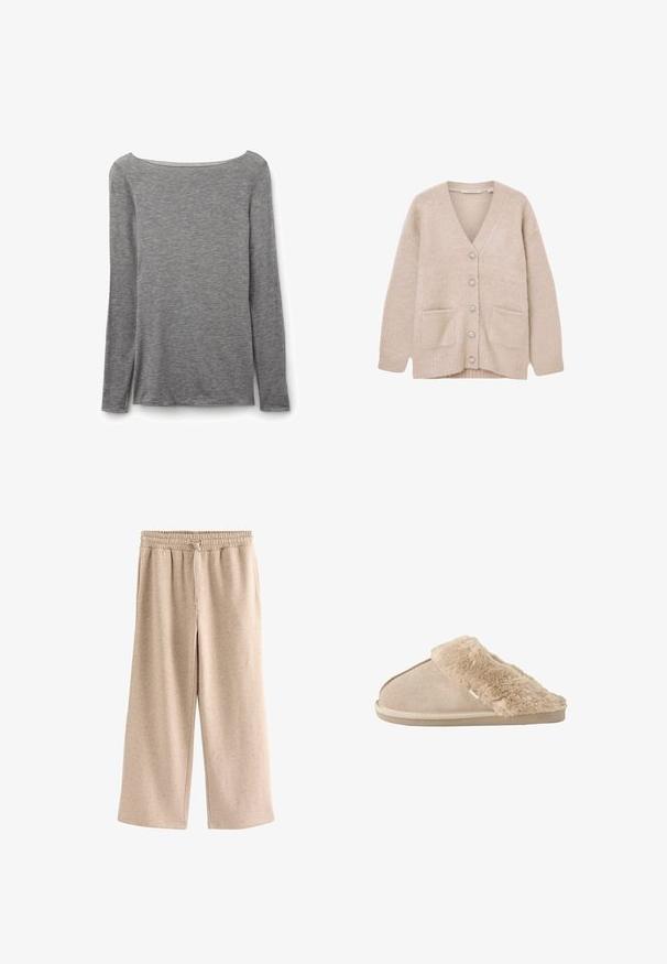 Beige cardigan lavet af blødt, fluffy materiale. Har V-udskæring, seks dekorative knapper, to forlommer og en afslappet pasform.; Grå tætsiddende top med lange ærmer og bred bådudskæring, lavet af blødt, let strikstof.; Beige bukser med vide ben, elastisk talje og snørre, lavet af et blødt, plettet stof.; Beige slip-on tøfler med blødt ruskind yderside og blødt, fluffy inderfor og manchet, designet til komfort indendørs.