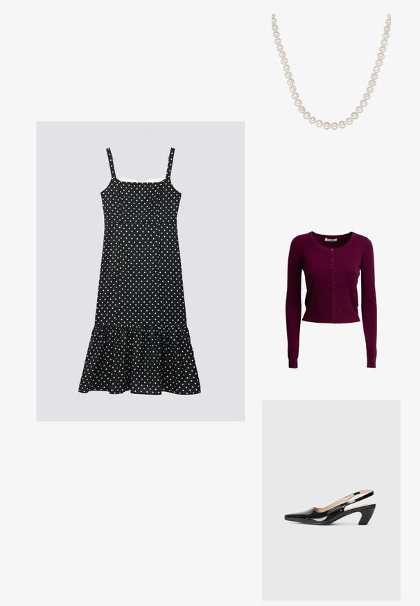 Cardigan de manga larga de color púrpura oscuro con botones, cuello redondo y puños y bajo acanalados, de la marca Influencer.; Vestido negro con lunares blancos, con tirantes ajustables, un corsé ajustado y un dobladillo con volantes. Hecho de una tela liviana, presenta lunares blancos.; Zapatos de charol negros estilo slingback con punta afilada, tacón bajo y diseño recortado en los laterales. Textura suave y líneas simples.; Una serie de brillantes perlas blancas, cada una redonda y uniforme en tamaño, con una superficie suave y un sutil brillo, unidas por un cordón delgado.