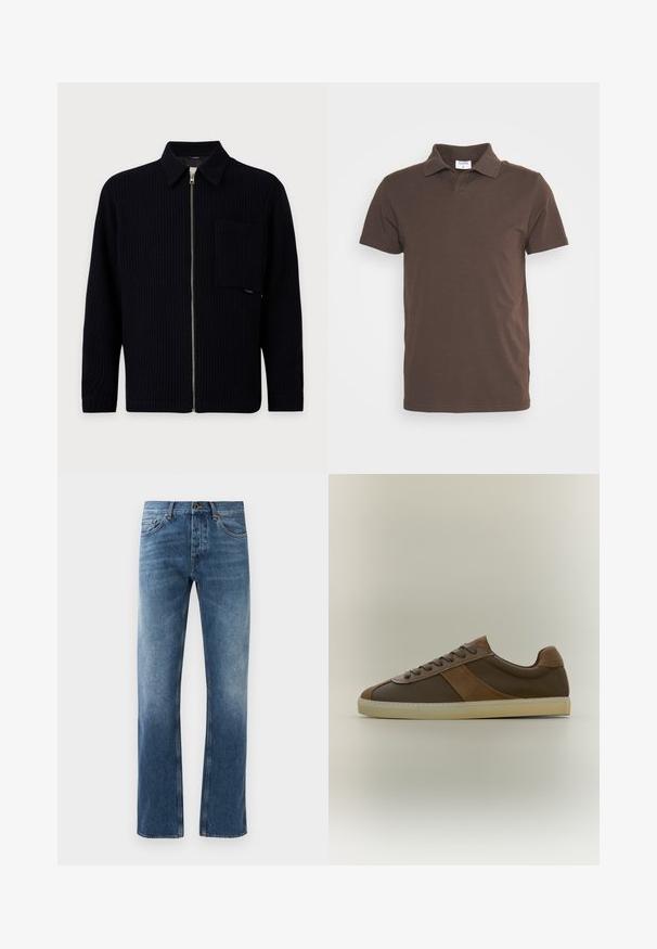 Sort ribstrikket lynlåstrøje med krave, lange ærmer og stor brystlomme på ensfarvet baggrund.; Filippa K Poloshirts - dark choco; Blå denim jeans med lige ben design, falmede vask, fem lommer og kontrastsyning. Knap- og lynlås-lukning i taljen.; Lavtop brun læder- og ruskindsneaker med snørebånd foran og beige gummisål på en neutral baggrund.