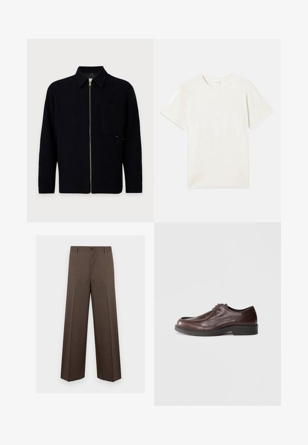 Veste noire en maille côtelée zippée avec col, manches longues et grande poche poitrine sur fond uni.; T-shirt à manches courtes, col rond en beige clair, texture en coton doux avec une coupe décontractée et sans motifs ni accents visibles.; Pantalon marron à jambes larges, coupe cintrée avec passants de ceinture et fermeture par bouton, présenté à plat sur un fond blanc.; Chaussure habillée en cuir marron avec un bout arrondi, des accents de couture minimum, et une semelle noire robuste. Présente un système de laçage et une texture lisse.
