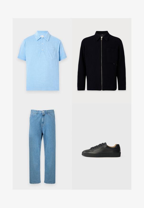 Veste noire en maille côtelée zippée avec col, manches longues et grande poche poitrine sur fond uni.; Polo bleu clair à manches courtes avec col, trois boutons et une poche poitrine, présenté sur un fond neutre.; Jean en denim bleu clair avec une coupe droite, un style cinq poches et une fermeture par bouton à la taille. Aucun motif ni ornement visible.; Baskets basses en cuir noir avec surface texturée, lacets noirs et semelle en caoutchouc épaisse, présentées de côté sur un fond clair.