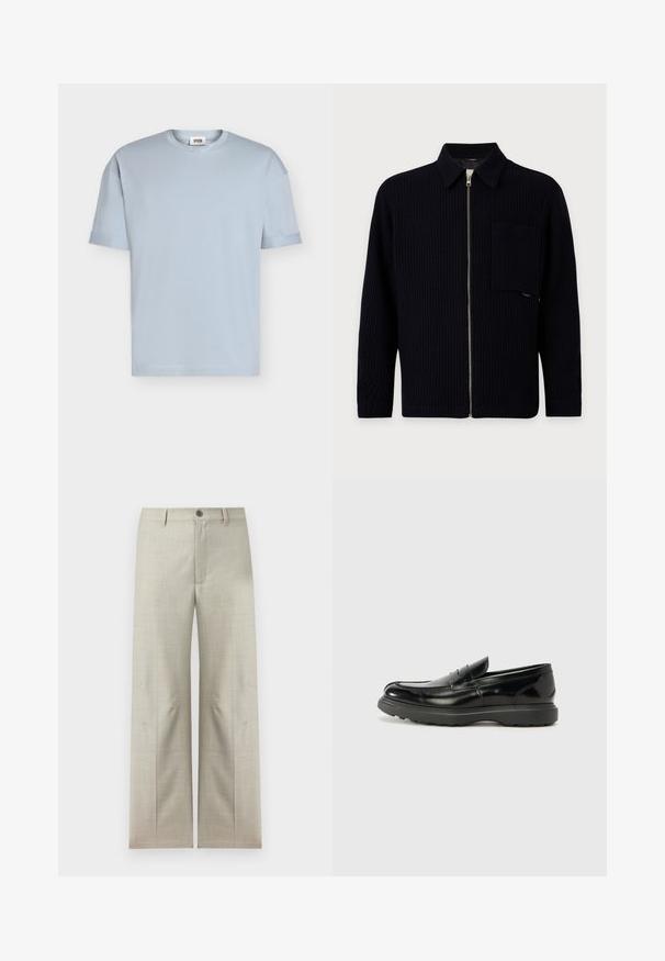 Veste noire en maille côtelée zippée avec col, manches longues et grande poche poitrine sur fond uni.; T-shirt bleu clair à manches courtes et col rond avec une petite étiquette de marque à l'intérieur du col, présenté sur un fond blanc uni.; Pantalon formel beige clair à jambes droites, fermeture avec bouton et fermeture éclair, passants pour ceinture, présenté sur un fond blanc.; Mocassin en cuir noir avec une finition brillante, bout arrondi, détails de couture subtils et semelle en caoutchouc épaisse pour la durabilité.