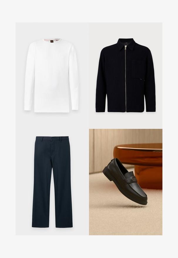 Veste noire en maille côtelée zippée avec col, manches longues et grande poche poitrine sur fond uni.; T-shirt blanc à manches longues en matière texturée, avec un col rond et un logo discret embossé au centre.; Pantalon bleu marine à jambe droite avec passants de ceinture, fermeture par bouton et fermeture éclair avant sur un fond clair.; Chaussure noire en cuir à enfiler avec des accents cousus, un col relevé et une semelle en caoutchouc plate, positionnée au-dessus d'une surface beige douce.