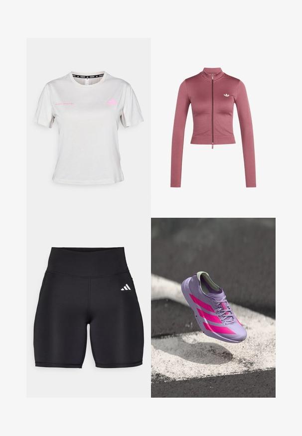 Veste courte mauve avec fermeture éclair complète à l’avant, poignets côtelés, col montant et logo blanc Adidas Trefoil sur la poitrine.; T-shirt gris clair à manches courtes avec un col rond, "ADIDAS RUNNING" imprimé en rose, avec le logo Adidas rose sur la poitrine. Texture de tissu doux.; Shorts de sport noirs en tissu extensible, dotés d'une taille haute, d'une texture lisse et d'un logo à trois bandes blanches sur le côté.; Chaussure de course violet clair avec des rayures et des accents roses, dotée d'un design élégant, d'une tige texturée et d'un col rembourré. Flottant au-dessus d'une surface.