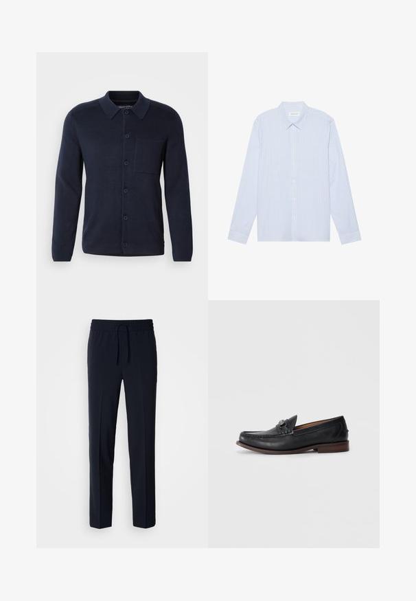 Cárdigan de punto azul marino con cuello, mangas largas, botones delanteros y un bolsillo en el pecho. Hecho de una tela suave con una textura fina.; Camisa de botones de manga larga a rayas azul claro. Con un cuello tradicional, botones blancos y una suave mezcla de algodón.; Pantalones ligeros azul marino con cintura elástica y cordón ajustable, que presentan un diseño de corte recto y una textura suave.; Mocasines de cuero negro con punta redondeada, hardware decorativo en la parte delantera y una suela marrón contrastante. Textura suave y diseño fácil de poner.