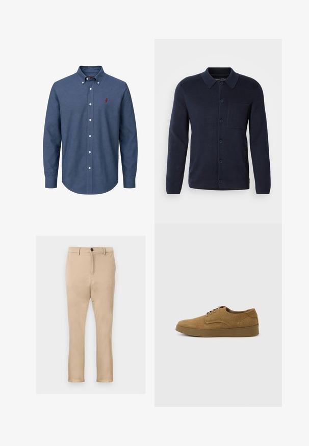 Marineblå strikket cardigan med krave, lange ærmer, forsideknapper og en brystlomme. Lavet af et blødt stof med en fin tekstur.; Blå skjorte med lange ærmer, hvide knapper og en lille rød broderet logo på venstre bryst.; Beige chinos lavet af glat stof, med lige ben, lommer foran og en enkelt sort knaplukning i taljen.; Brun ruskindslærredsko med snørebånd og flad gummisål, set fra siden på en ensfarvet lys baggrund.