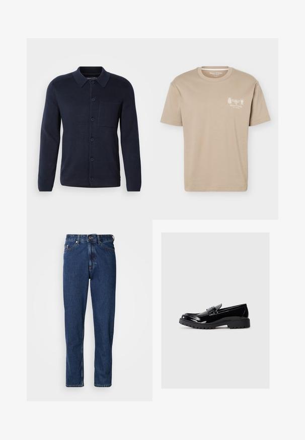 Cardigan tricoté bleu marine avec un col, des manches longues, des boutons à l'avant et une poche poitrine. Fabriqué dans un tissu doux avec une texture fine.; T-shirt beige à manches courtes avec col rond, présentant de petits motifs d'insectes et le logo "Marc O'Polo" sur la poitrine gauche.; Jean bleu foncé en denim, avec une coupe droite, style cinq poches et des coutures apparentes le long des coutures.; Mocassins en cuir verni noir avec un bout arrondi, une sangle décorative et une semelle en caoutchouc épaisse avec des reliefs profonds pour l'adhérence.