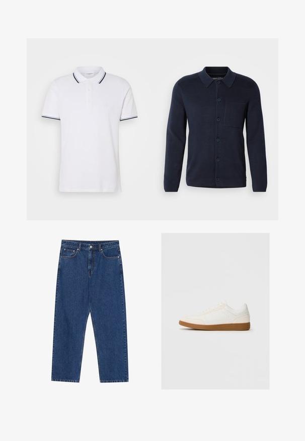 Cárdigan de punto azul marino con cuello, mangas largas, botones delanteros y un bolsillo en el pecho. Hecho de una tela suave con una textura fina.; Camiseta polo blanca de algodón con cuello, tapeta de tres botones y acentos a rayas en azul marino y blanco en las mangas.; Jeans de denim en azul oscuro, con un corte recto, bolsillos frontales y una bragueta de botones con costuras en contraste en toda la prenda.; Zapatilla blanca con una puntera de ante, parte superior sintética suave y suela de goma marrón. Presenta perforaciones en los laterales para mayor transpirabilidad.