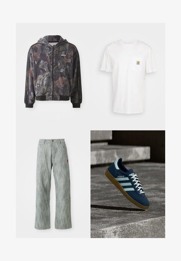Gevoerde zip-up hoodie met een camouflagepatroon en bruine en zwarte bladdetails, zwarte manchetten en drie zwarte strepen op de mouwen.; Witte katoenen t-shirt met korte mouwen, een borstzak en een klein vierkant logo-opdruk in oranje en wit op de zak.; Lichtgrijze recht gesneden denim broeken met voor- en achterzakken, knoopsluiting en een klein rood stoffen label aan de rechterzijde.; Blauwe Adidas Spezial sneaker met witte strepen en veters, gumzool, zwevend boven een ruwe betonnen oppervlakte en trappen op de achtergrond.