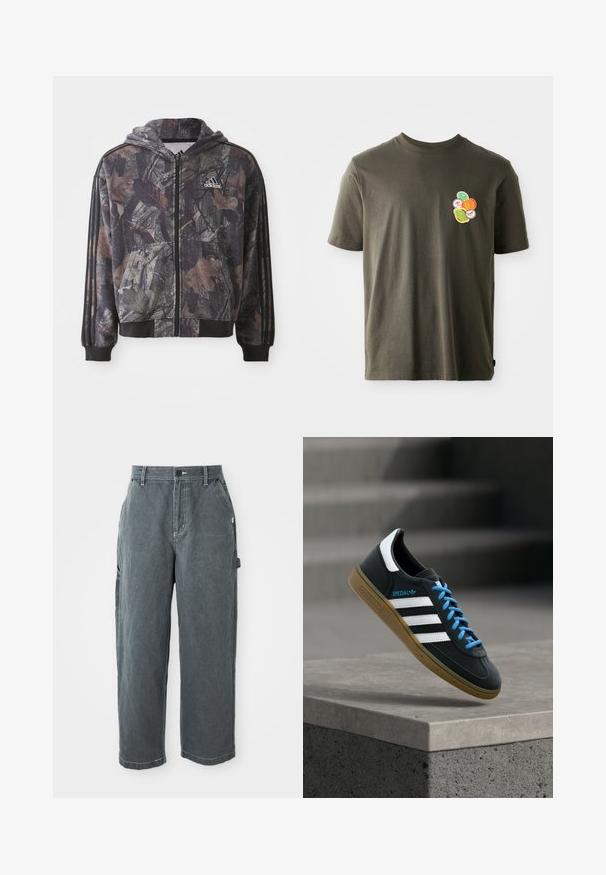 Hættetrøje med lynlås, der har et camouflage-mønster med brune og sorte bladdetaljer, sorte manchetter og tre sorte striber på ærmerne.; Mørkeolivengrøn bomulds t-shirt med rund hals. Har et farverigt trykt design af cirkulære former på venstre brystområde.; Mørkegrå lige ben arbejdsbukser med bæltestropper, frontknap og lynlås, sidelommer og en hammerløkke på højre ben.; Sort Adidas sneaker med hvide striber, blå snørebånd og gummisål, der svæver over gråt betontrin i blødt lys.