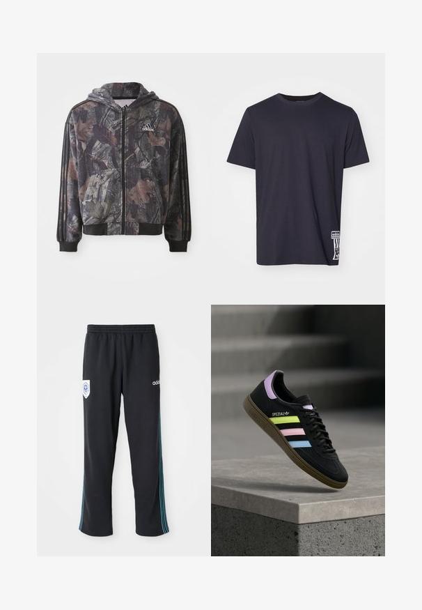 Kapuzensweatjacke mit einem Camouflage-Muster, das braune und schwarze Blätterdetails zeigt, schwarze Bündchen und drei schwarze Streifen an den Ärmeln hat.; Schwarzes Baumwoll-T-Shirt mit Rundhalsausschnitt, kurzen Ärmeln und einem weißen Logopatch an der unteren Seite. Glatte Textur, normale Passform.; Schwarze Polyester-Sporthosen mit elastischem Bund, ausgestattet mit einem blauen Streifen an der Seite und einem Logo auf der linken Vorderseite der Hüfte.; Schwarzer Adidas Spezial Sneaker mit pastellgelben, pinken und blauen Streifen, lavendelfarbenem Fersenlaschen und brauner Sohle, schwebend über einer Betonkante.