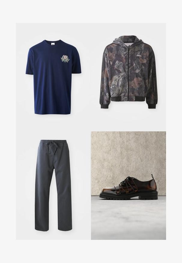 Hættetrøje med lynlås, der har et camouflage-mønster med brune og sorte bladdetaljer, sorte manchetter og tre sorte striber på ærmerne.; Mørkeblå bomulds t-shirt med korte ærmer, rund halsudskæring og broderet logo med laurbær detaljer på venstre bryst.; Sort, elastiske bukser med taljeelastik og snøre, der har et lige ben-design og en glat tekstur. Ingen synlige lommer eller mønstre.; Blank brun lædersko med tyk sort sål og unik snøring, placeret på beige tæppe nær rundet orange møbel.