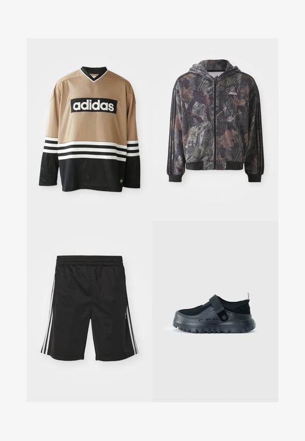 Chaqueta con capucha y cremallera que presenta un patrón de camuflaje con detalles en hojas marrones y negras, puños negros y tres rayas negras en las mangas.; Jersey deportivo de manga larga Adidas en color beige y negro con rayas blancas, fabricado en tejido de malla, y con el logo de Adidas en el pecho y el dobladillo inferior.; Pantalones cortos deportivos negros con una cintura elástica, que presentan franjas laterales blancas y una textura de tela suave. Sin adornos adicionales.; Zapato negro sin cordones con suela gruesa y dentada, correa ajustable en la parte superior y lengüeta en el talón.