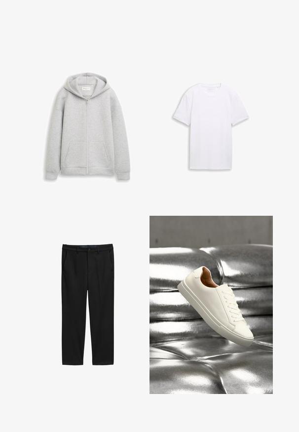 Sudadera gris con cremallera hecha de tela suave, con una cremallera frontal, dos bolsillos delanteros y una capucha con cordón. Textura suave con puños acanalados.; Camiseta blanca lisa de manga corta con cuello redondo, extendida plana sobre un fondo blanco.; Pantalones negros de corte recto, hechos de una tela texturizada. Presenta dos bolsillos frontales y un cierre de botón en la cintura.; Zapatilla blanca de caña baja flotando sobre una superficie de cuero plateado brillante con botones.