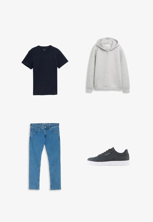 Graue Zip-Hoodie aus weichem Stoff, mit einem Frontreißverschluss, zwei vorderen Taschen und einer Kapuze mit Kordelzug. Glatte Textur mit gerippten Bündchen.; Marineblaue Baumwoll-T-Shirt, kurze Ärmel, Rundhalsausschnitt, glatte Textur, einfaches Design, keine Muster oder Akzente, gerade Saumlinie.; Blaue gerade geschnittene Jeans aus Denim mit fünf Taschen und Knopfverschluss, Größe 32/32, flach auf weißem Hintergrund ausgelegt.; Schwarzer Sneaker mit niedrigem Schaft, weißer Sohle, Schnürung vorne und dezentem "Tom Tailor" Branding an der Seite und Zunge.
