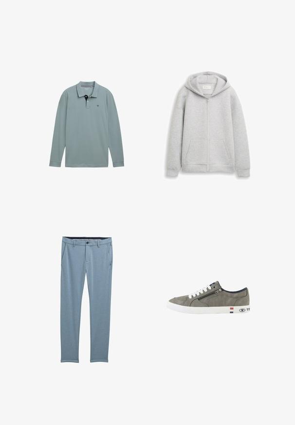 Grijze rits-hoodie van zacht materiaal, met een voorrits, twee voorkzakken en een capuchon met trekkoord. Soepele textuur met geribbelde manchetten.; Lange mouwen polo shirt in lichtblauw met een contrasterende marinekleurige kraag. Katoenen materiaal, met een klein logo op de linkerborst. Klassieke pasvorm.; Lichtblauwe op maat gemaakte broek van een soepele stof, met voorzakken, een knoopsluiting en opgerolde manchetten bij de enkels.; Grijze lage sneaker met witte veters, zijrits en witte zool met rood-wit-blauwe strepen en Tom Tailor branding.