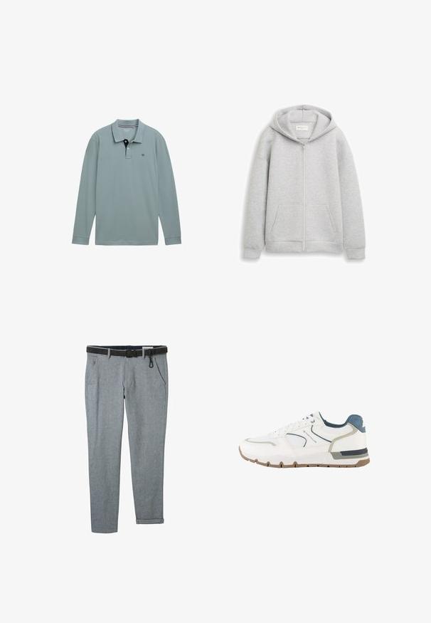 Grijze rits-hoodie van zacht materiaal, met een voorrits, twee voorkzakken en een capuchon met trekkoord. Soepele textuur met geribbelde manchetten.; Lange mouwen polo shirt in lichtblauw met een contrasterende marinekleurige kraag. Katoenen materiaal, met een klein logo op de linkerborst. Klassieke pasvorm.; Grijze geweven broek met een zwarte riem, voorzien van zijzakken en opgerolde mouwen. De stof heeft een subtiele textuur en een klassiek pasvormontwerp.; Witte en grijze sportschoen met blauwe accenten, meshstof en een bruine zool, met het merk "Tom Tailor" aan de zijkant.