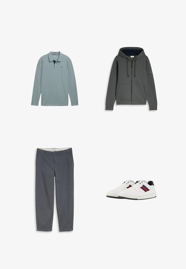 Sudadera con capucha en gris oscuro con cremallera, bolsillos frontales, cordones y puños y dobladillo acanalados, mostrada sobre un fondo blanco.; Polo de manga larga en azul claro con un cuello en contraste de color marino. Material de algodón, con un pequeño logo en el lado izquierdo del pecho. Corte clásico.; Pantalones rectos de color gris oscuro con trabillas para cinturón, bolsillos laterales, cierre de botón y cremallera, talla mediana, exhibidos extendidos sobre fondo blanco.; TOM TAILOR Zapatillas - white navy