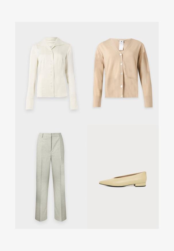 Beige cardigan med lange ærmer og V-udskæring med fem hvide knapper foran og en synlig vaskeanvisning i halsudskæringen.; Off-white langærmet skjorte med knapper, bred krave og figursyet talje, præsenteret mod en plain lys baggrund.; Lysegrå plisserede bukser lavet af tekstureret stof, med et lige ben-design og en flad talje uden synlige lukninger.; Beige damesko i læder med lav hæl, spids tå og minimalistisk design, vist fra siden på en ensfarvet baggrund.