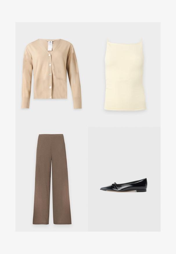 Cardigan beige à manches longues et col en V avec cinq boutons blancs sur le devant et une étiquette d'entretien visible au niveau de l'encolure.; Haut caraco en maille côtelée couleur crème avec fines bretelles et encolure droite sur un fond neutre.; Pantalon marron à jambes larges avec ceinture plate, sans poches ni fermetures visibles, présenté sur un fond blanc.; Chaussure plate en cuir verni noir avec un bout pointu, une petite lanière décorative et un petit talon carré. Texture lisse et design épuré.