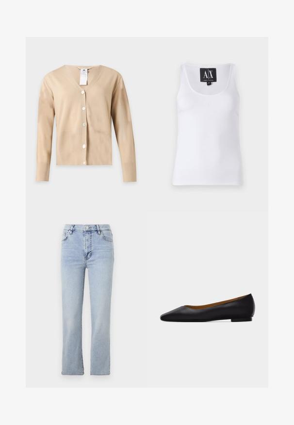 Beiger Langarm-V-Ausschnitt-Cardigan mit fünf weißen Knöpfen vorne und einem sichtbaren Pflegeetikett am Halsausschnitt.; Weißes ärmelloses Tanktop aus glattem Stoff, mit rundem Halsausschnitt und einem dezenten gestickten Logo auf der Vorderseite.; Hellblaue Jeans aus Denim mit geradem Bein, fünf Taschen, einem Knopf- und Reißverschluss sowie sichtbaren Nahtdetails.; Schwarzer flacher Schuh aus Leder mit spitz zulaufender Vorderkappe, niedrigem Absatz und glatter Oberfläche, von der Seite vor einem hellgrauen Hintergrund dargestellt.