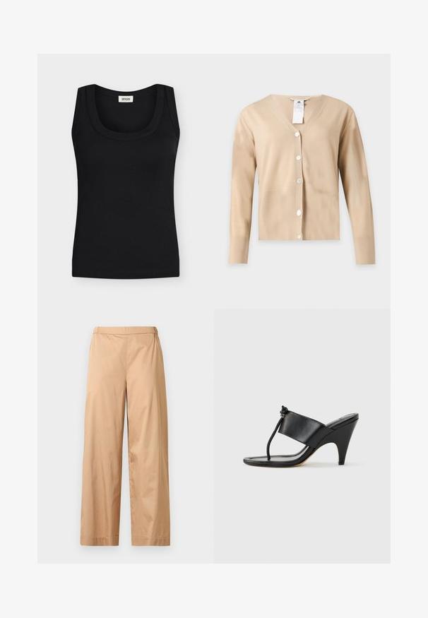Cardigan beige à manches longues et col en V avec cinq boutons blancs sur le devant et une étiquette d'entretien visible au niveau de l'encolure.; Débardeur noir côtelé sans manches avec larges bretelles et encolure ronde, étiquette de marque visible à l'intérieur du col.; Pantalon beige à jambes larges avec une taille haute, un devant plat et un ourlet droit, présenté sur un fond gris clair uni.; Sandale noire à talon haut avec une large bride avant et une boucle d'orteil dotée d'un détail de corde nouée, vue de profil sur fond blanc.