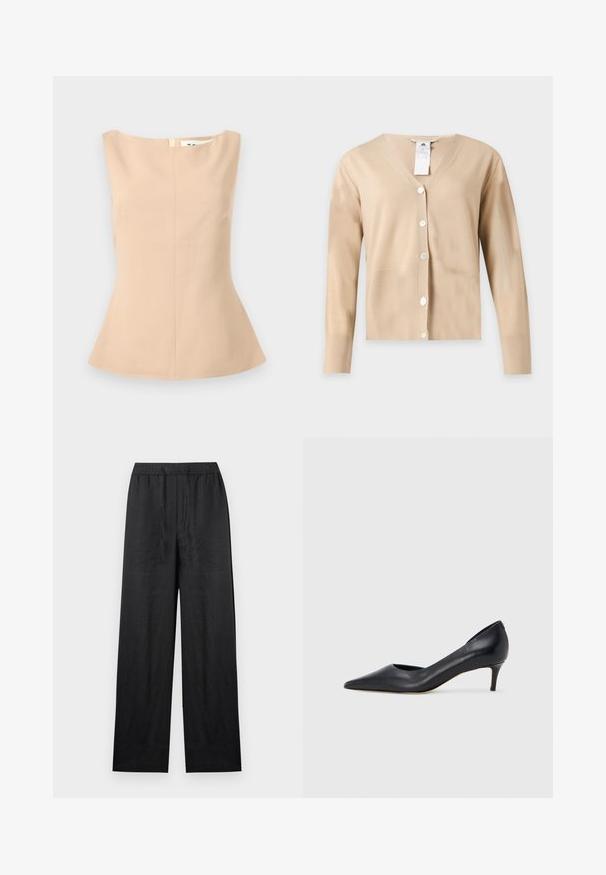 Cardigan beige à manches longues et col en V avec cinq boutons blancs sur le devant et une étiquette d'entretien visible au niveau de l'encolure.; Haut sans manches beige pour femme avec encolure bateau, taille cintrée et ourlet légèrement évasé sur un fond gris clair.; Pantalon noir à jambes larges avec taille élastique et cordon de serrage, en tissu léger, présenté sur fond blanc uni.; Escarpin en cuir noir avec un bout pointu et un talon bas. Présente une texture lisse et un éclat subtil. Découpe ouverte à l'avant pour un détail supplémentaire.