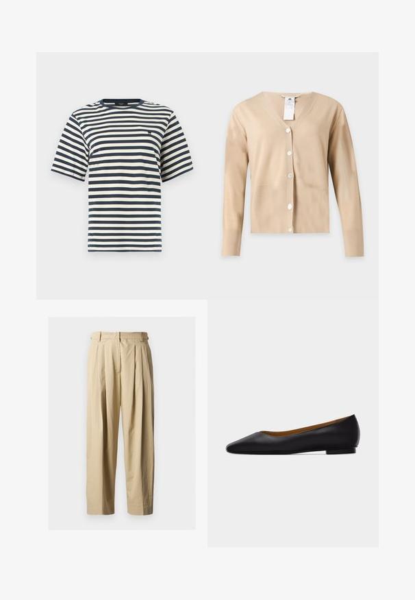 Cardigan beige à manches longues et col en V avec cinq boutons blancs sur le devant et une étiquette d'entretien visible au niveau de l'encolure.; T-shirt à manches courtes avec col ras du cou, rayures horizontales bleu marine et blanches, et petit logo noir brodé sur la poitrine.; Pantalon beige à taille haute plissé avec passants pour ceinture, fermeture éclair à l'avant et jambes larges et droites sur un fond uni.; Chaussure plate en cuir noir à bout pointu avec talon bas et finition lisse, vue de côté sur un fond gris clair.