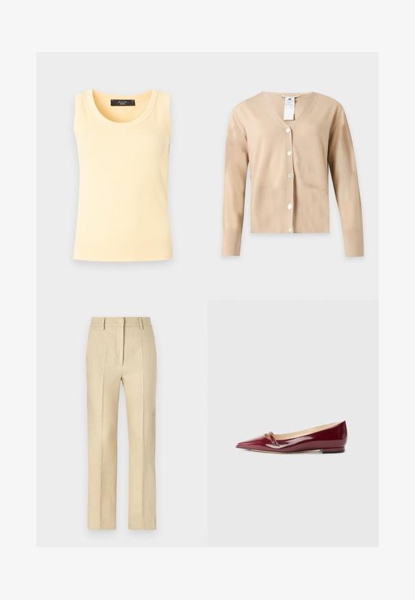 Cardigan beige à manches longues et col en V avec cinq boutons blancs sur le devant et une étiquette d'entretien visible au niveau de l'encolure.; Débardeur en maille côtelée sans manches de couleur jaune pâle avec col rond et étiquette de marque noire à l'intérieur du col.; Pantalons beige ajustés avec une coupe droite, fabriqués en tissu texturé, présentant des plis et une fermeture éclair à l'avant.; Ballerines en cuir verni bordeaux avec un bout pointu, présentant un petit détail découpé et un petit talon. Texture lisse et design épuré.