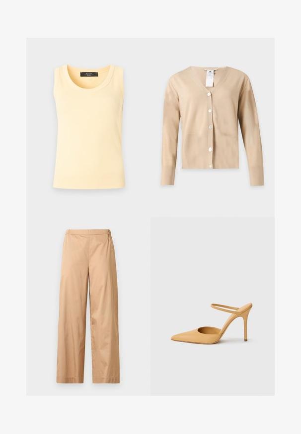 Cardigan beige à manches longues et col en V avec cinq boutons blancs sur le devant et une étiquette d'entretien visible au niveau de l'encolure.; Débardeur en maille côtelée sans manches de couleur jaune pâle avec col rond et étiquette de marque noire à l'intérieur du col.; Pantalon beige à jambes larges avec une taille haute, un devant plat et un ourlet droit, présenté sur un fond gris clair uni.; Chaussure à talon aiguille beige à bout pointu avec une fine bride de cheville sur fond blanc.