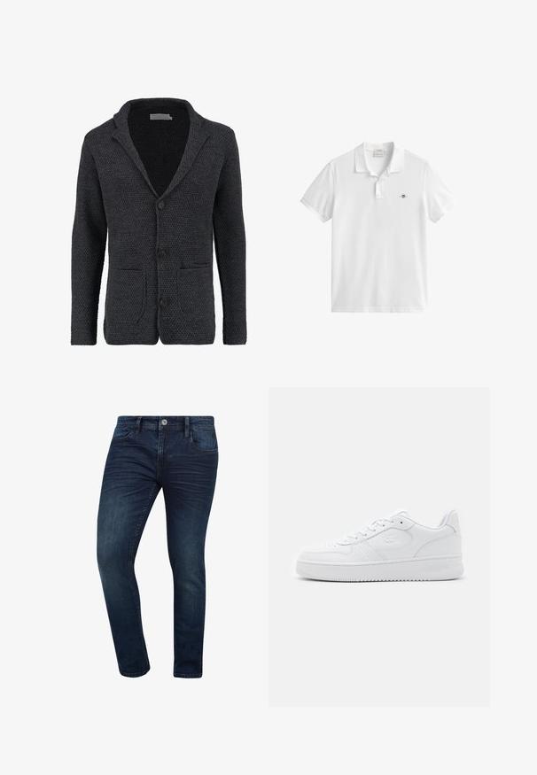 Donkergrijze gebreide cardigan met een gestructureerd patroon, reverskraag, drie knopen en twee voorkinnen. Zachte stof en casual ontwerp.; Witte polo met korte mouwen, twee knopen en een klein geborduurd schildlogo op de linkerborst.; Donkerblauwe denim jeans met een slim fit, voorzien van een klassiek vijf-pocket ontwerp en een metalen knopsluiting bij de taille.; Witte leren sneaker met geperforeerde neus, platte veters en gevoerde kraag. Voorzien van een geperst logo aan de zijkant en een getextureerde rubberen zool.