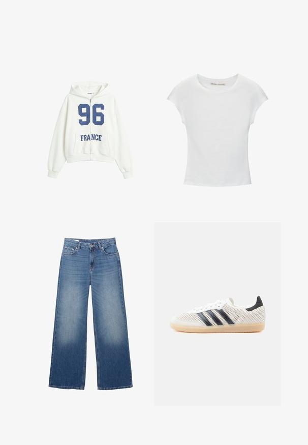 Weißer Kapuzenpullover mit Reißverschluss, große dunkelblaue "96" auf der Brust und der Schriftzug "FRANCE" darunter, mit Fronttaschen und gerippten Bündchen.; Weißes Baumwoll-T-Shirt mit kurzen, aufgerollten Ärmeln, rundem Ausschnitt und geradem Saum. Glatte Textur ohne sichtbare Muster oder Akzente.; Blaue Jeans im Weitbein-Stil aus Denim mit vorderem Knopf und Reißverschluss, ausgestattet mit Front- und Gesäßtaschen sowie leichter Verwaschung an den Oberschenkeln.; Weiße Mesh-Sneaker mit schwarzem Drei-Streifen-Design, abgerundeter Spitze und Gummisohle. Verfügen über einen weichen Fersenkragen und Schnürverschluss.