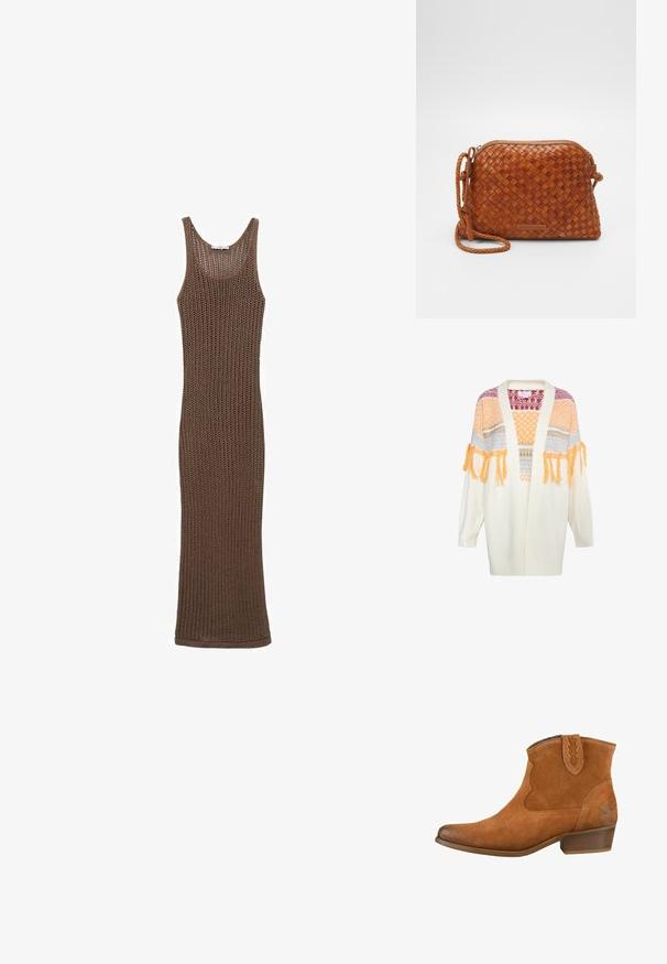 Cárdigan de punto color crema con frente abierto, que presenta patrones texturizados coloridos y flecos naranjas en las mangas.; Vestido sin mangas de punto de ganchillo marrón con una silueta ajustada, que presenta una textura de tejido abierto y un escote redondo.; Botas de tobillo de ante en color beige con punta afilada, costuras decorativas y un tacón bajo apilado. Cuenta con una asa de tirón con borde en zigzag.; Bolso cruzado de cuero trenzado marrón con cierre de cremallera, forma redondeada y una correa trenzada. Presenta una pequeña placa de logo rectangular.