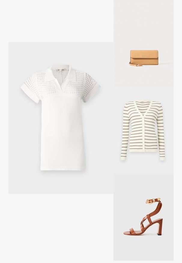 Flødefarvet ribstrikket cardigan med lange ærmer, brune vandrette striber, V-hals og knapper foran.; Hvid polo t-shirt med korte ærmer, der har en struktureret øvre del og en glat nederste del. Designet med krave og v-udskæring.; Brune læder hæl sandal med et strappy design og en ankelspænde. Har en lukket bagkant og en høj, chunky hæl. Glat tekstur.; Læderhåndleds-pung i tan med tekstur, flap, sølvlogo og aftagelig matchende rem på hvid baggrund.