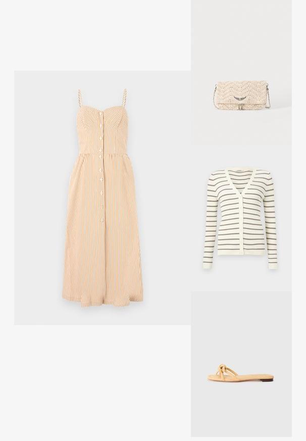 Cardigan crème côtelé à manches longues, rayures horizontales marron, col en V, et boutons sur le devant.; Robe à bretelles en orange clair et blanc avec des rayures verticales, présentant un corsage ajusté, une fermeture à boutons et une jupe midi évasée.; Sandale plate tissée jaune avec deux brides entrecroisées, un détail noué à l'avant et une semelle basse marron.; Pochette tissée beige avec rabat, bandoulière chaîne en métal et petite décoration argentée en forme d'aile à l'avant.