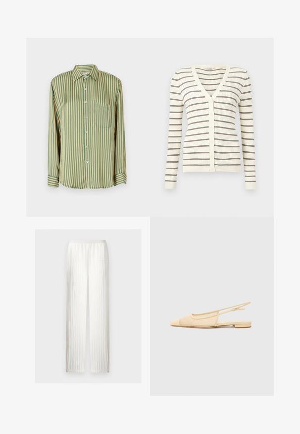 Cardigan crème côtelé à manches longues, rayures horizontales marron, col en V, et boutons sur le devant.; Chemise à manches longues avec des rayures verticales vertes et jaunes, dotée d'une poche poitrine et de boutons bleus. Fabriquée en tissu lisse.; Pantalon en tricot écru avec motif torsadé vertical, coupe droite et ceinture élastique.; Chaussure plate slingback en beige clair avec une tige en maille, un bout pointu et un petit talon. Dotée d'une sangle ajustable pour un bon maintien.